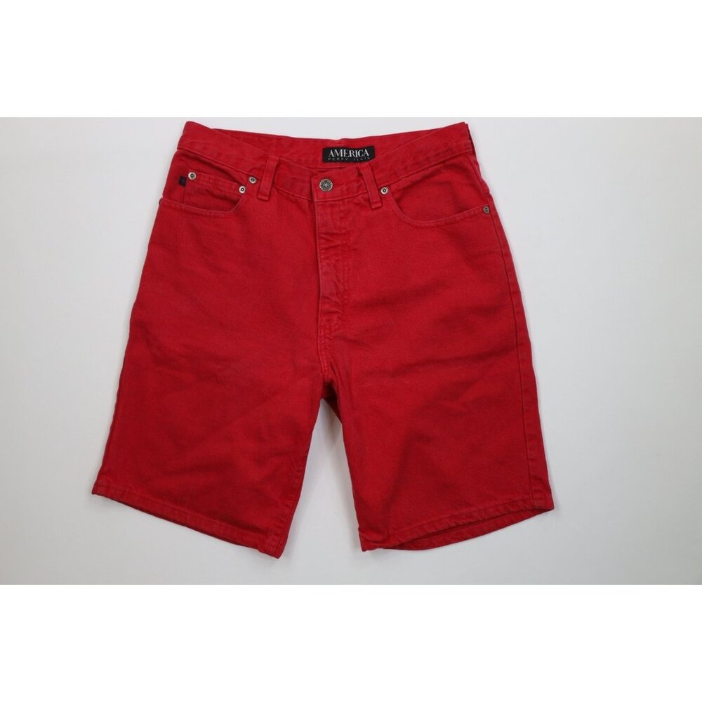 Vintage 90s Perry Ellis Mens 30 Faded Spell Out Denim Jean Shorts Jorts Red USA